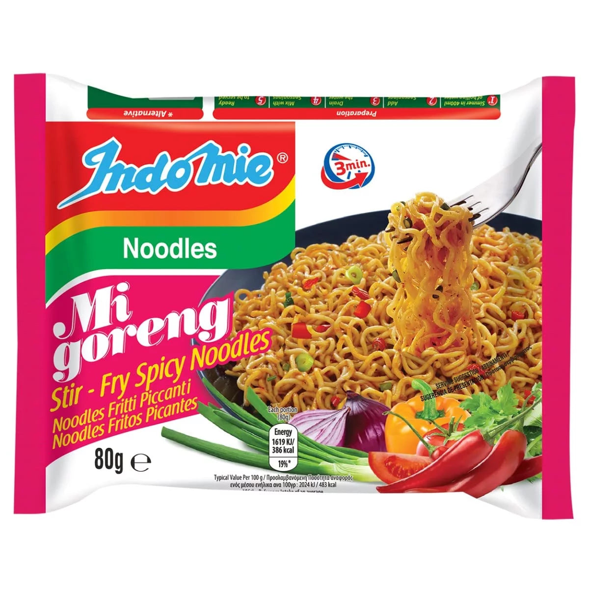 Indomie Mi Goreng Instant Stir Fry Noodles Hot & Spicy (Pack of 30)